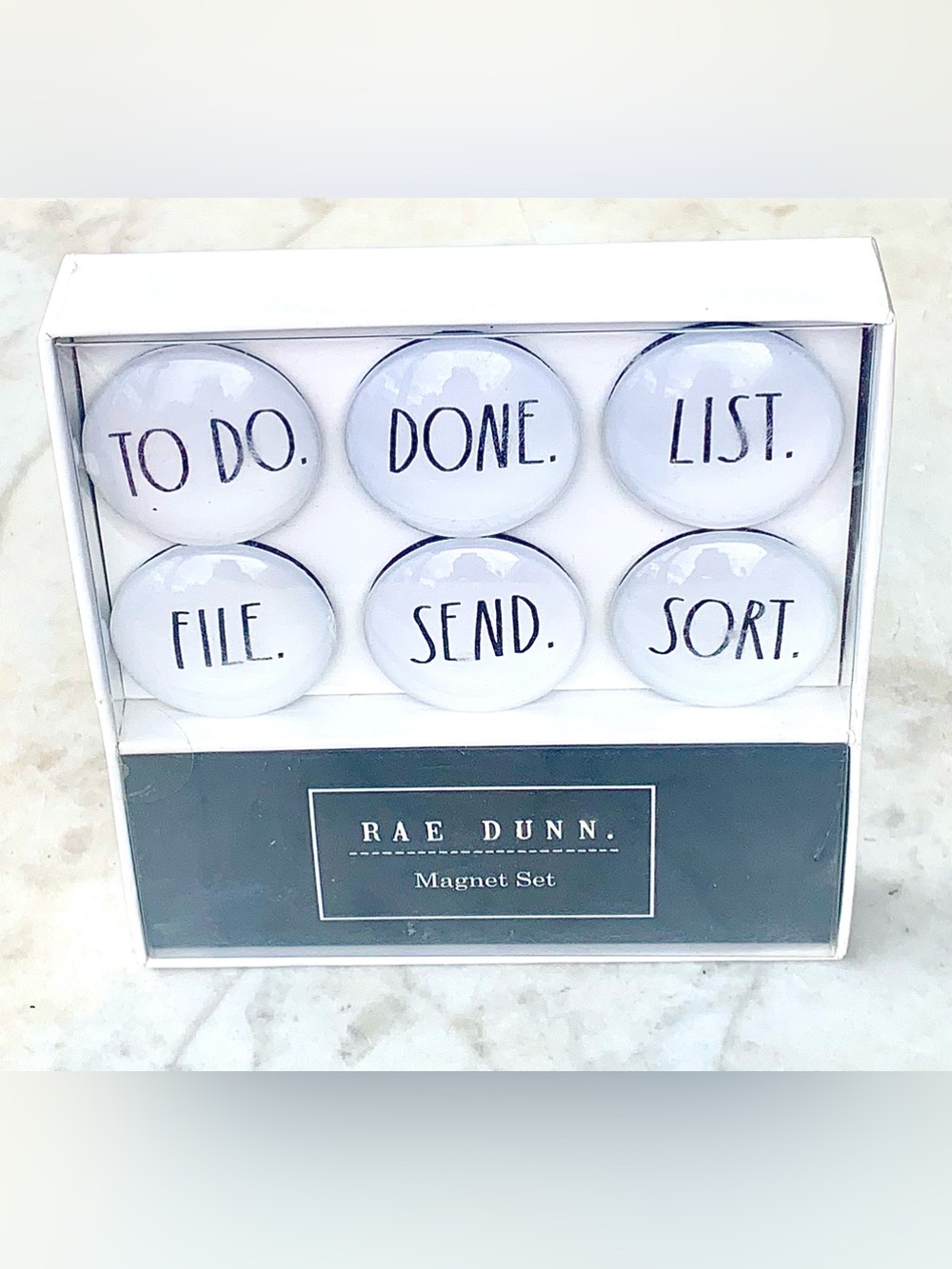 RAE DUNN “TO DO” MAGNET SET 6 GLASS ROUND DOME NEW WHITE BLACK LIST SEND SORT
